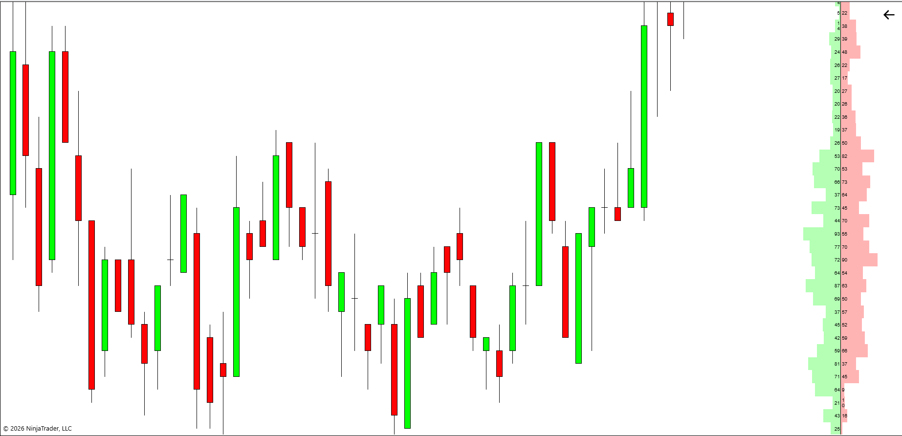 Profile+ showing bid and ask volume numbers at each individual price level