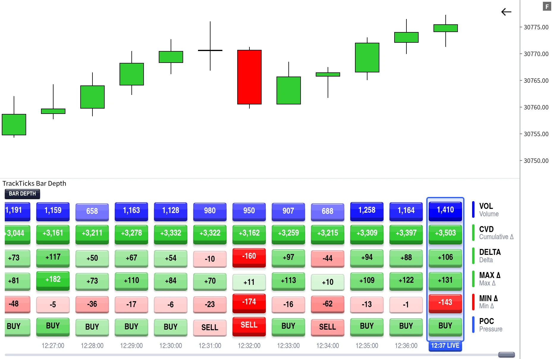 TrackTicks Bar Depth order flow statistics strip on a NinjaTrader 8 chart