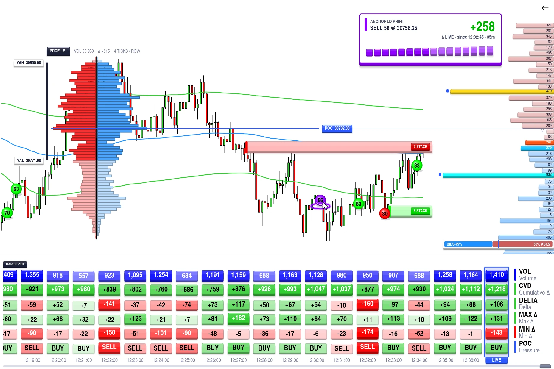 TrackTicks live NinjaTrader 8 chart with Big Print, Profile+, VWAP+, Stacked Imbalance and Bar Depth indicators
