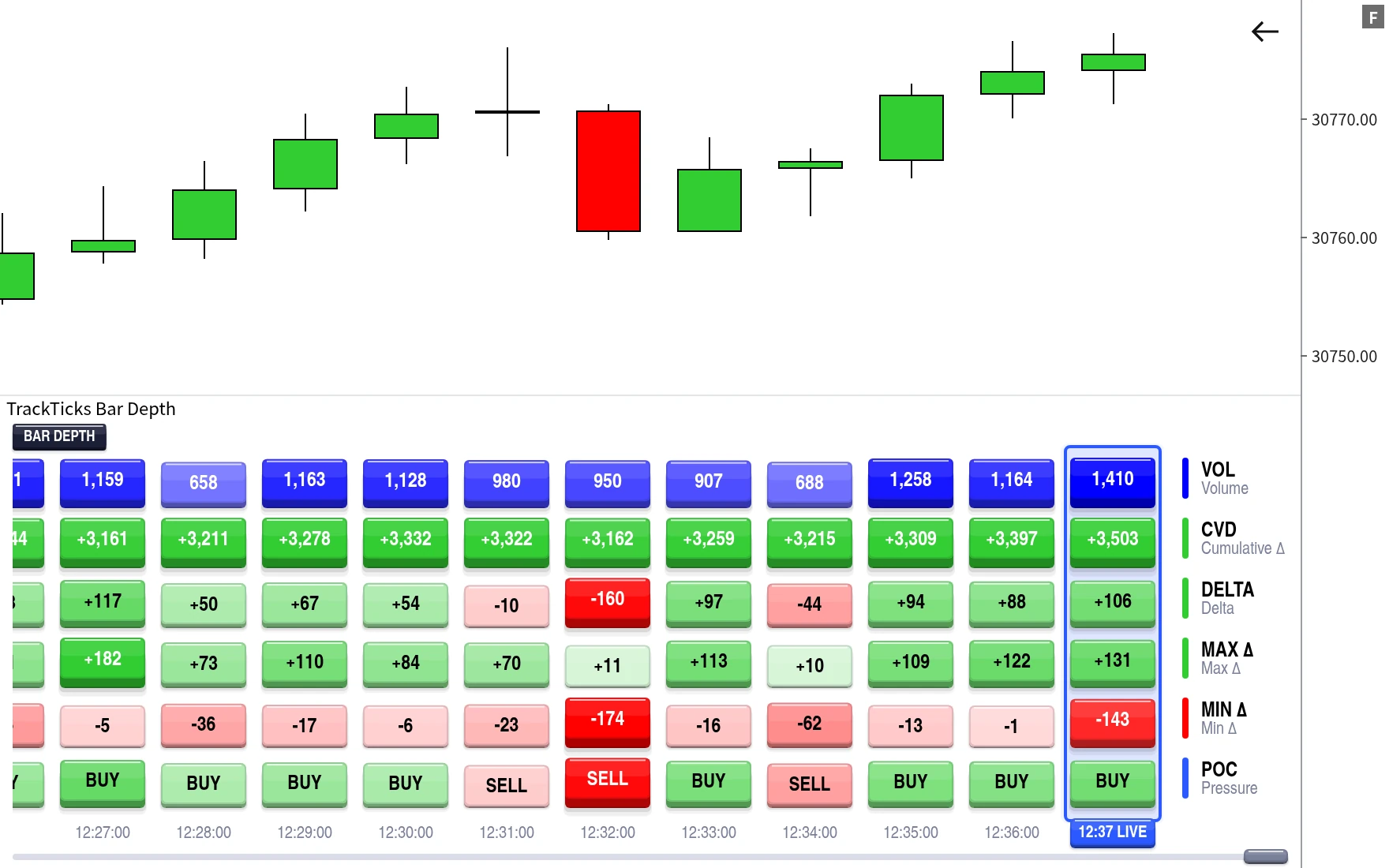 TrackTicks Bar Depth per-bar order flow statistics strip on a NinjaTrader 8 chart